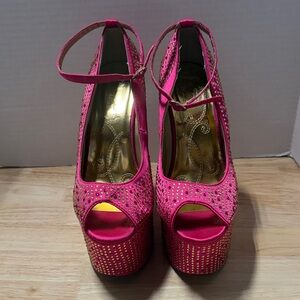 Platform Peep-Toe Ankle Strap Heels in Hot Pink with Crystal Accents